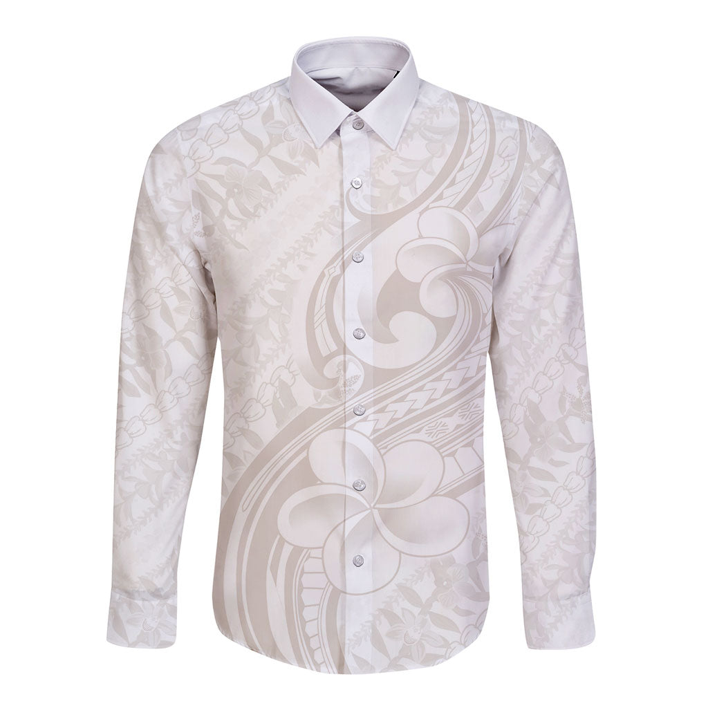 Hawaii Plumeria Lokelani Pikake Lei Long Sleeve Button Shirt Sandy Beige Polynesian Tattoo