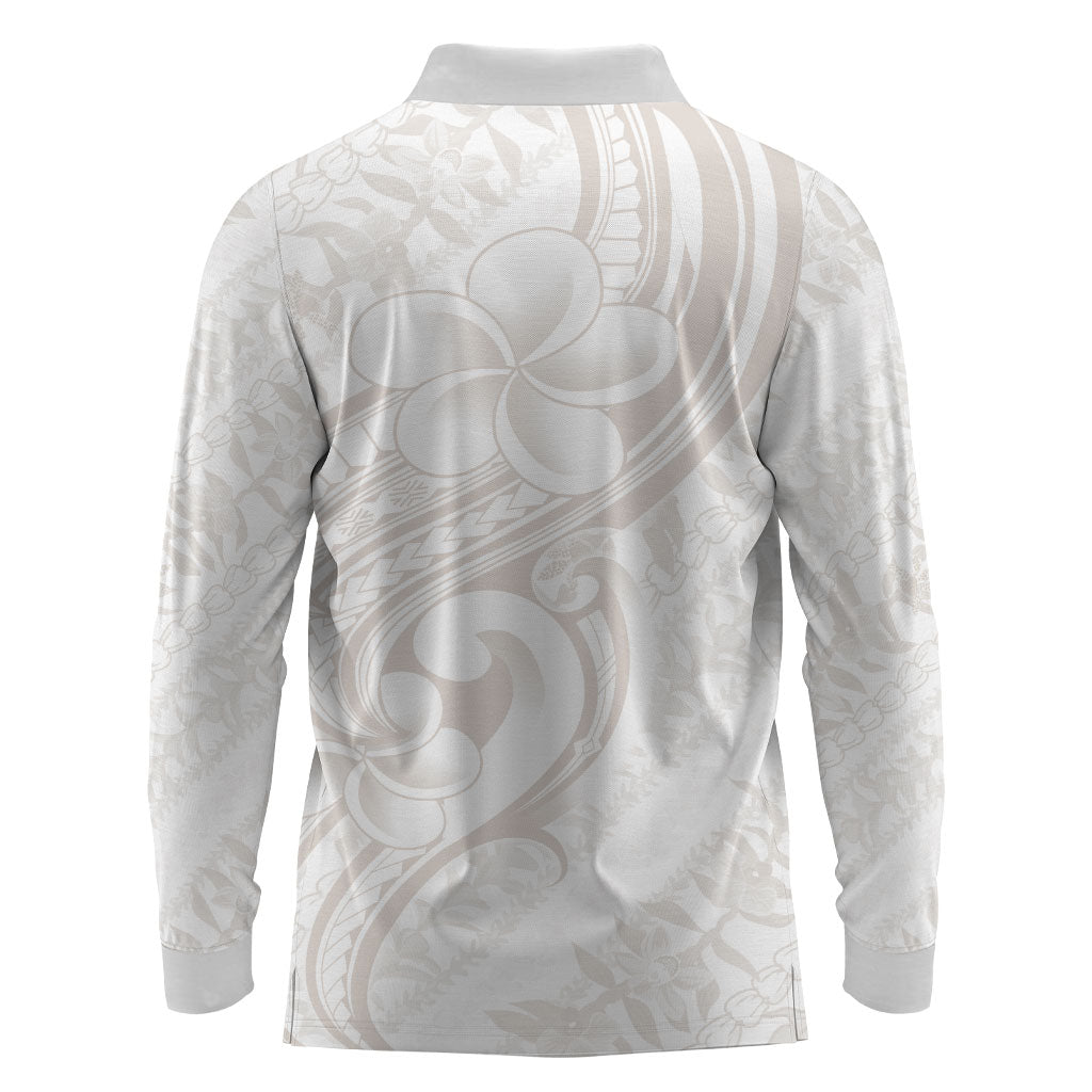 Hawaii Plumeria Lokelani Pikake Lei Long Sleeve Polo Shirt Sandy Beige Polynesian Tattoo