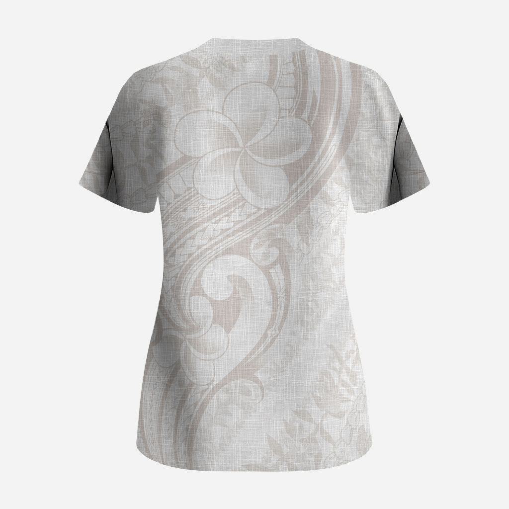 Hawaii Plumeria Lokelani Pikake Lei Scrub Top Sandy Beige Polynesian Tattoo