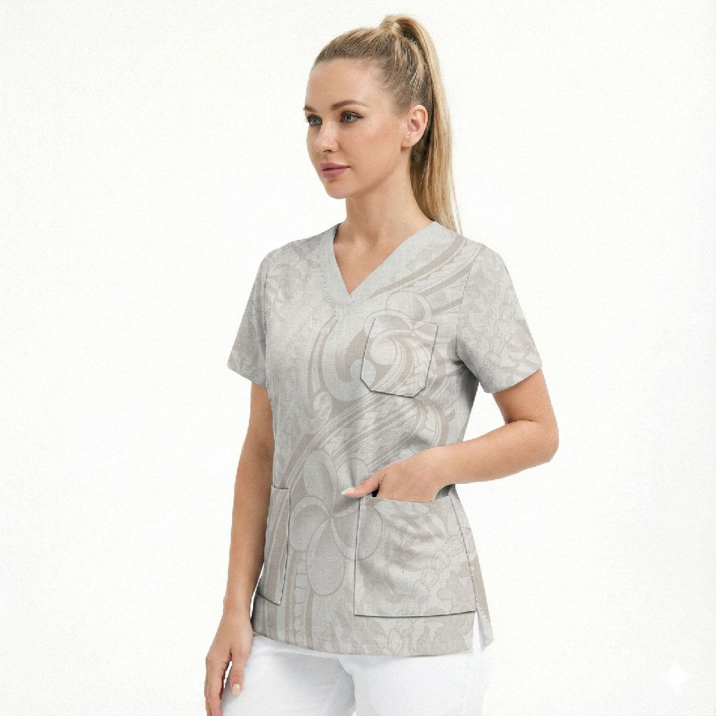 Hawaii Plumeria Lokelani Pikake Lei Scrub Top Sandy Beige Polynesian Tattoo