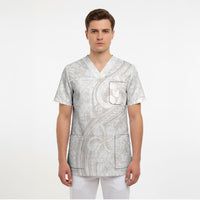 Hawaii Plumeria Lokelani Pikake Lei Scrub Top Sandy Beige Polynesian Tattoo