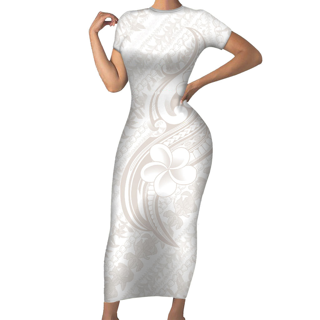Hawaii Plumeria Lokelani Pikake Lei Short Sleeve Bodycon Dress Sandy Beige Polynesian Tattoo LT9 Long Dress Beige - Polynesian Pride