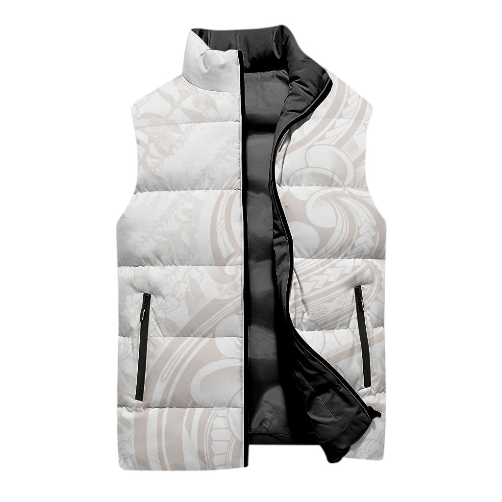 Hawaii Plumeria Lokelani Pikake Lei Sleeveless Puffer Jacket Sandy Beige Polynesian Tattoo
