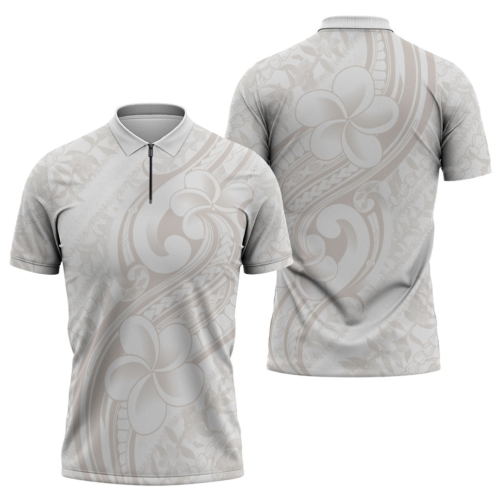 Hawaii Plumeria Lokelani Pikake Lei Zipper Polo Shirt Sandy Beige Polynesian Tattoo