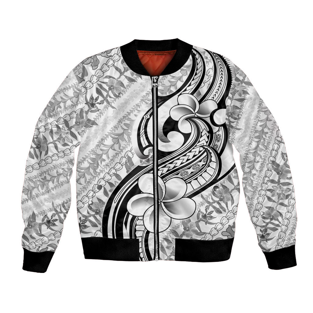 Hawaii Plumeria Lokelani Pikake Lei Bomber Jacket Ele'ele Polynesian Tattoo LT9 Unisex Black - Polynesian Pride