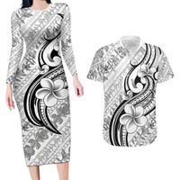 Hawaii Plumeria Lokelani Pikake Lei Couples Matching Long Sleeve Bodycon Dress and Hawaiian Shirt Ele'ele Polynesian Tattoo
