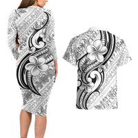 Hawaii Plumeria Lokelani Pikake Lei Couples Matching Long Sleeve Bodycon Dress and Hawaiian Shirt Ele'ele Polynesian Tattoo