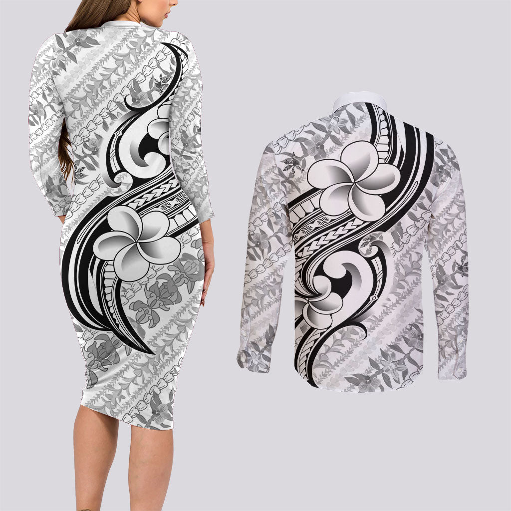 Hawaii Plumeria Lokelani Pikake Lei Couples Matching Long Sleeve Bodycon Dress and Long Sleeve Button Shirt Ele'ele Polynesian Tattoo