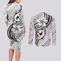 Hawaii Plumeria Lokelani Pikake Lei Couples Matching Long Sleeve Bodycon Dress and Long Sleeve Button Shirt Ele'ele Polynesian Tattoo