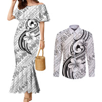 Hawaii Plumeria Lokelani Pikake Lei Couples Matching Mermaid Dress and Long Sleeve Button Shirt Ele'ele Polynesian Tattoo