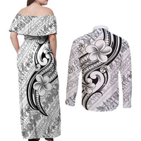 Hawaii Plumeria Lokelani Pikake Lei Couples Matching Off Shoulder Maxi Dress and Long Sleeve Button Shirt Ele'ele Polynesian Tattoo