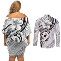 Hawaii Plumeria Lokelani Pikake Lei Couples Matching Off Shoulder Short Dress and Long Sleeve Button Shirt Ele'ele Polynesian Tattoo