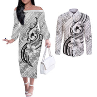 Hawaii Plumeria Lokelani Pikake Lei Couples Matching Off The Shoulder Long Sleeve Dress and Long Sleeve Button Shirt Ele'ele Polynesian Tattoo
