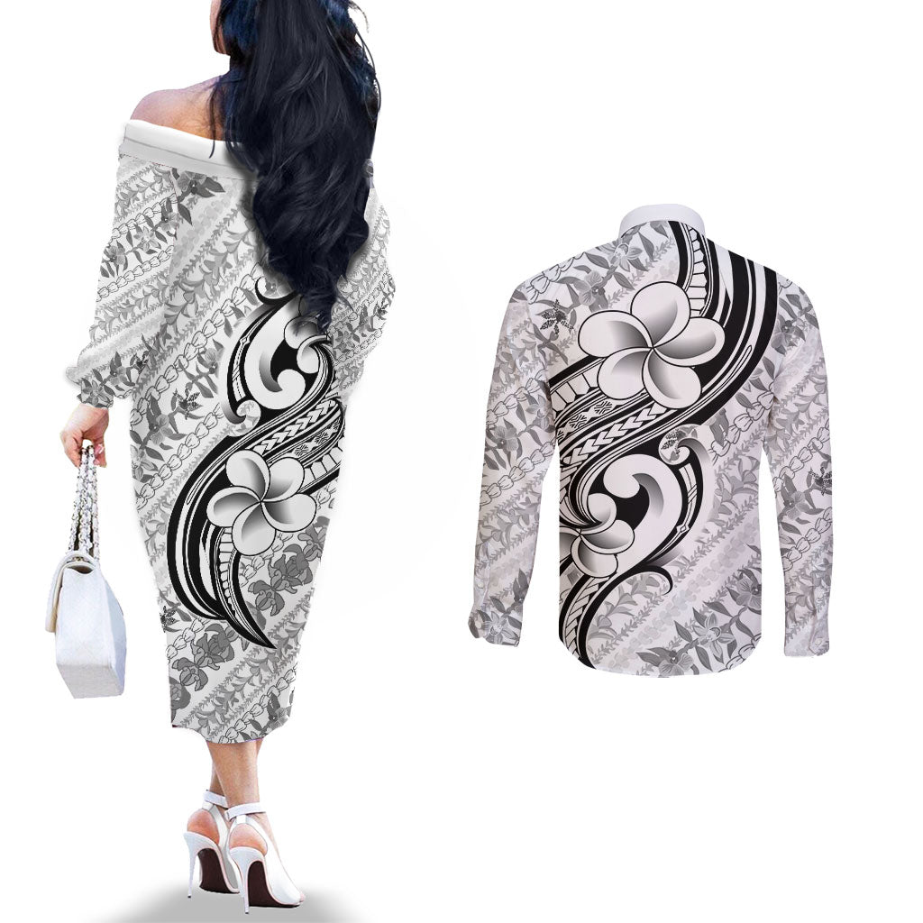 Hawaii Plumeria Lokelani Pikake Lei Couples Matching Off The Shoulder Long Sleeve Dress and Long Sleeve Button Shirt Ele'ele Polynesian Tattoo