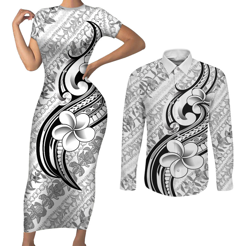 Hawaii Plumeria Lokelani Pikake Lei Couples Matching Short Sleeve Bodycon Dress and Long Sleeve Button Shirt Ele'ele Polynesian Tattoo