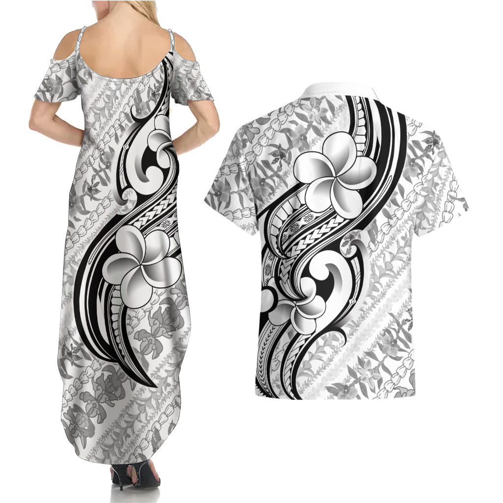 Hawaii Plumeria Lokelani Pikake Lei Couples Matching Summer Maxi Dress and Hawaiian Shirt Ele'ele Polynesian Tattoo