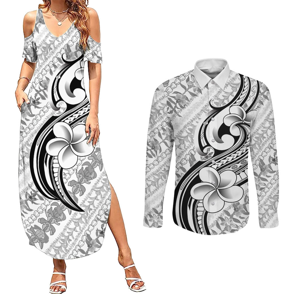 Hawaii Plumeria Lokelani Pikake Lei Couples Matching Summer Maxi Dress and Long Sleeve Button Shirt Ele'ele Polynesian Tattoo