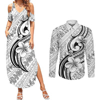 Hawaii Plumeria Lokelani Pikake Lei Couples Matching Summer Maxi Dress and Long Sleeve Button Shirt Ele'ele Polynesian Tattoo