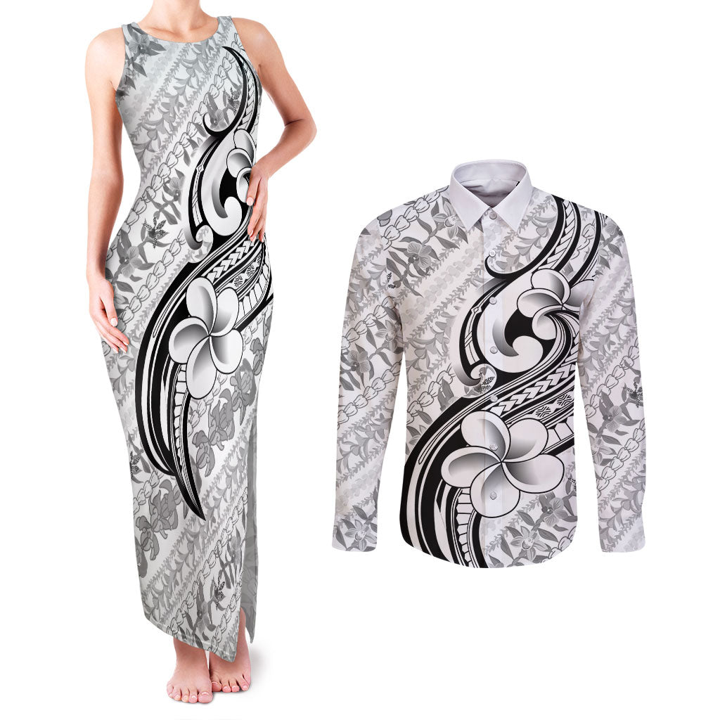 Hawaii Plumeria Lokelani Pikake Lei Couples Matching Tank Maxi Dress and Long Sleeve Button Shirt Ele'ele Polynesian Tattoo LT9 Black - Polynesian Pride