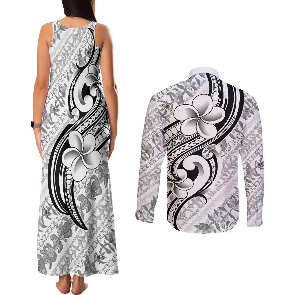 Hawaii Plumeria Lokelani Pikake Lei Couples Matching Tank Maxi Dress and Long Sleeve Button Shirt Ele'ele Polynesian Tattoo