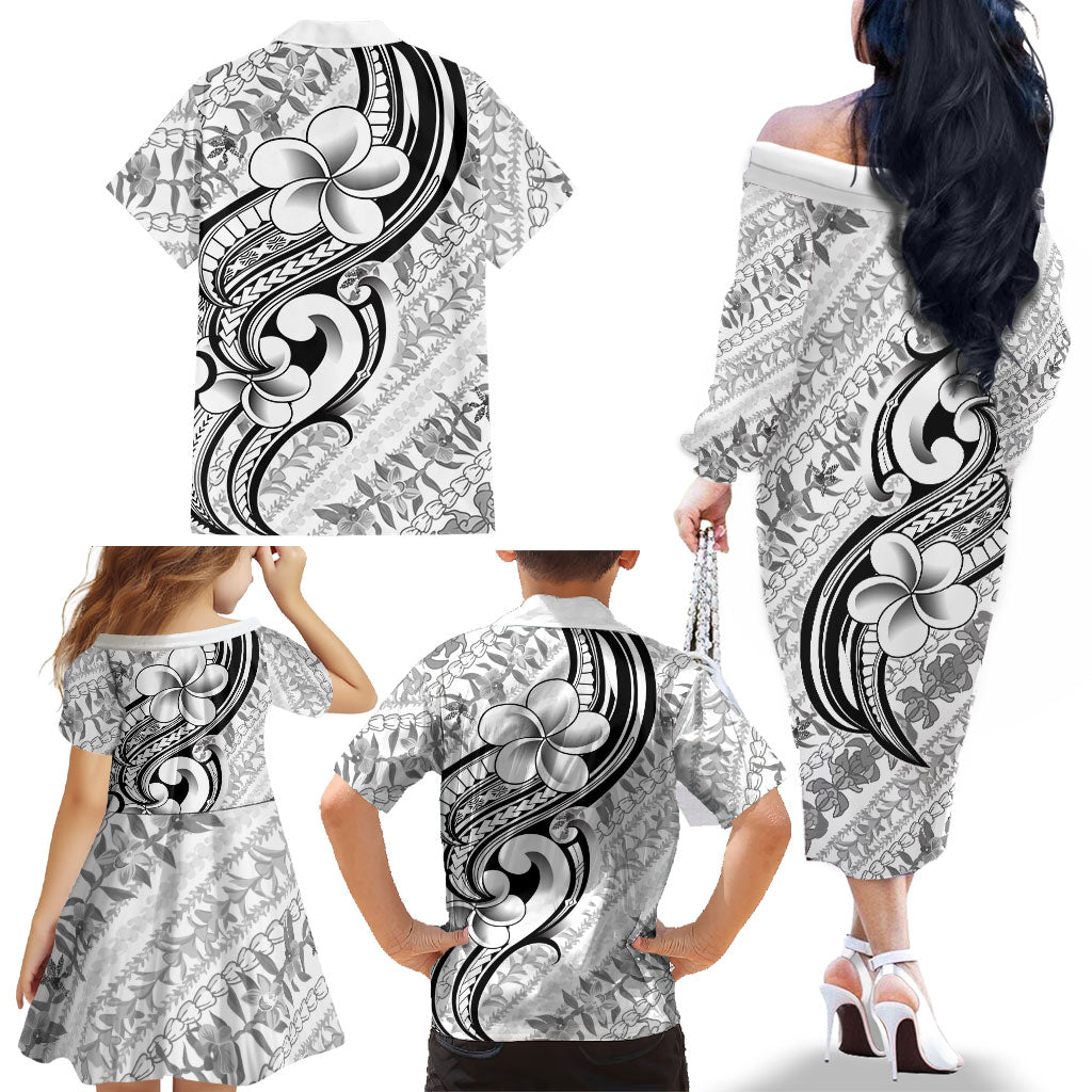 Hawaii Plumeria Lokelani Pikake Lei Family Matching Off The Shoulder Long Sleeve Dress and Hawaiian Shirt Ele'ele Polynesian Tattoo