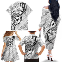 Hawaii Plumeria Lokelani Pikake Lei Family Matching Off The Shoulder Long Sleeve Dress and Hawaiian Shirt Ele'ele Polynesian Tattoo