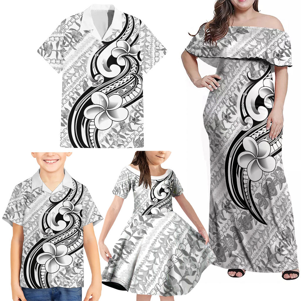 Hawaii Plumeria Lokelani Pikake Lei Family Matching Off Shoulder Maxi Dress and Hawaiian Shirt Ele'ele Polynesian Tattoo