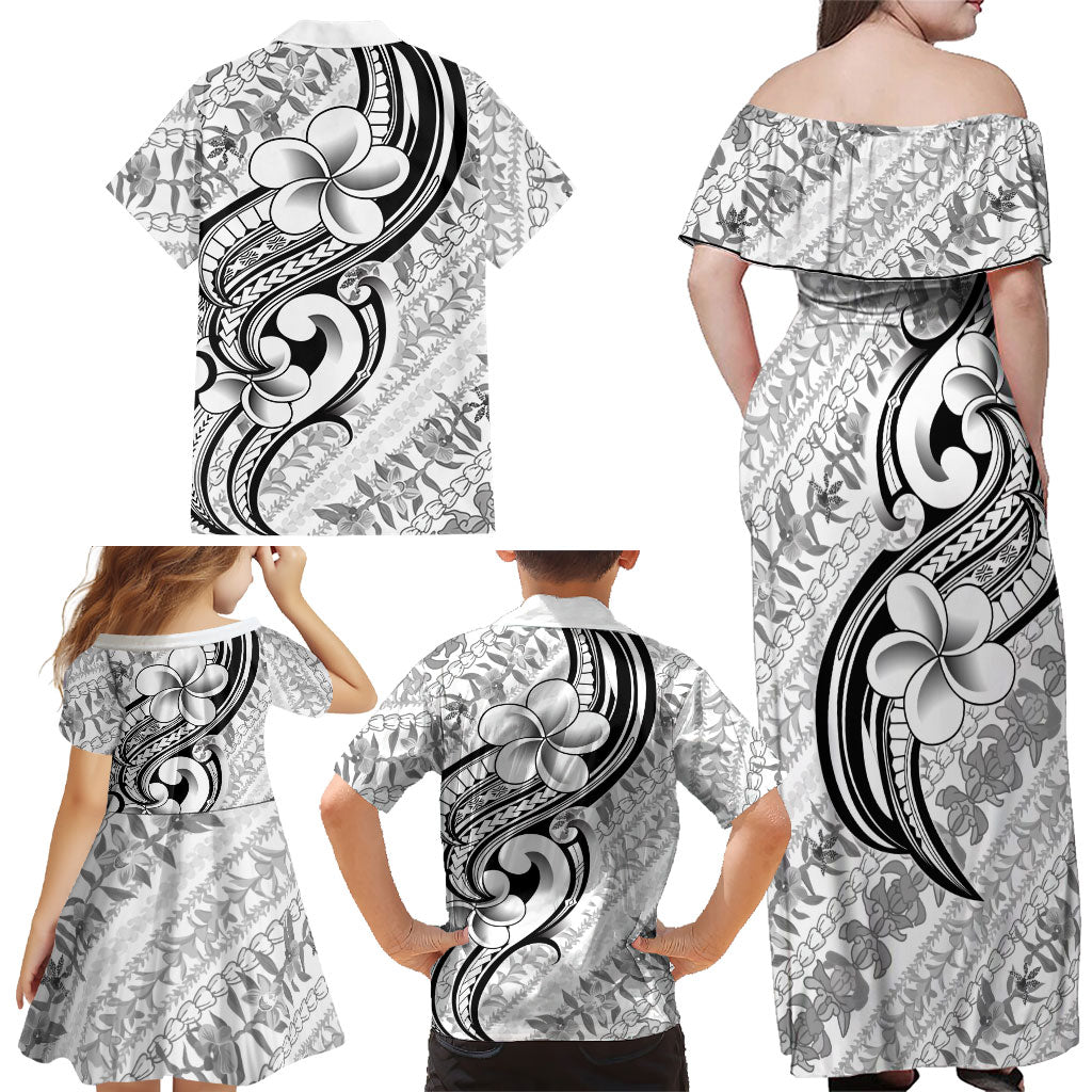 Hawaii Plumeria Lokelani Pikake Lei Family Matching Off Shoulder Maxi Dress and Hawaiian Shirt Ele'ele Polynesian Tattoo