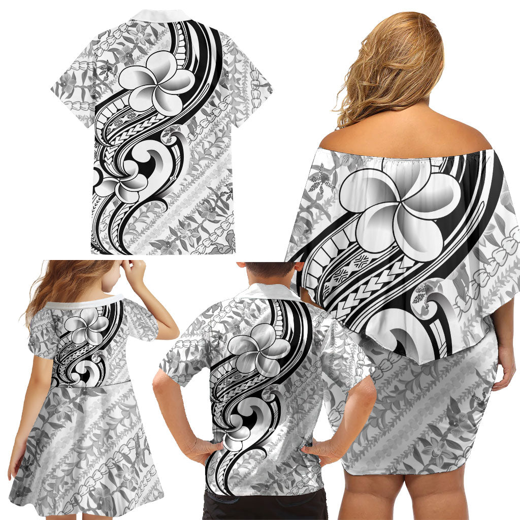 Hawaii Plumeria Lokelani Pikake Lei Family Matching Off Shoulder Short Dress and Hawaiian Shirt Ele'ele Polynesian Tattoo