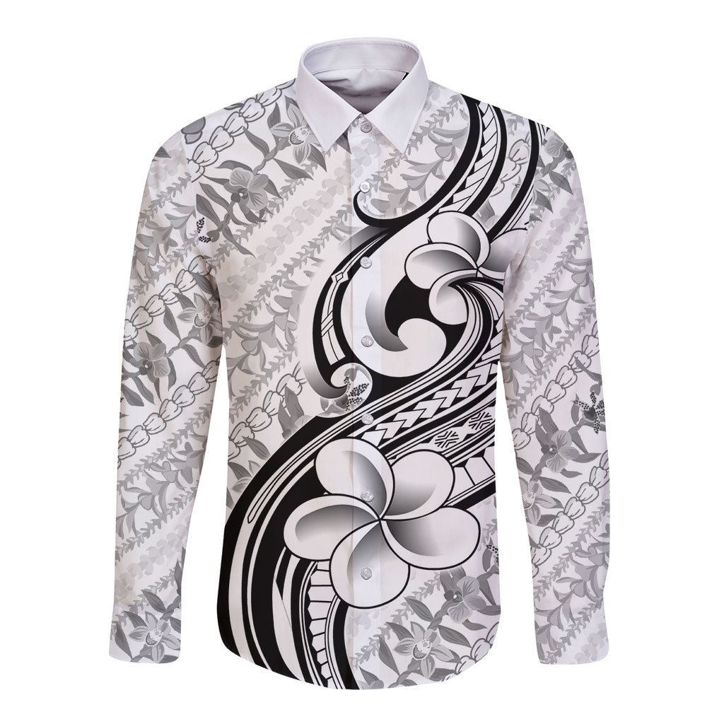 Hawaii Plumeria Lokelani Pikake Lei Long Sleeve Button Shirt Ele'ele Polynesian Tattoo LT9 Unisex Black - Polynesian Pride