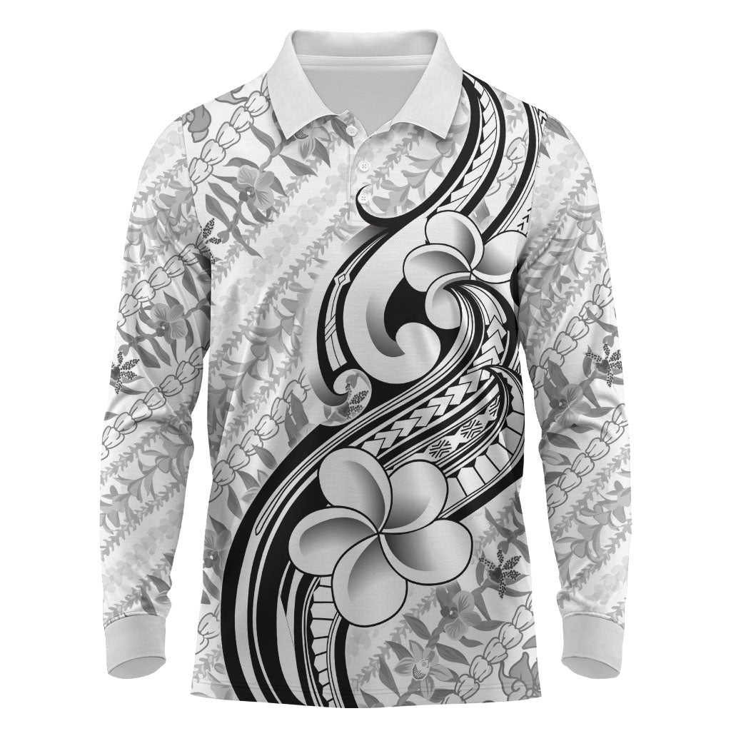 Hawaii Plumeria Lokelani Pikake Lei Long Sleeve Polo Shirt Ele'ele Polynesian Tattoo LT9 Black - Polynesian Pride