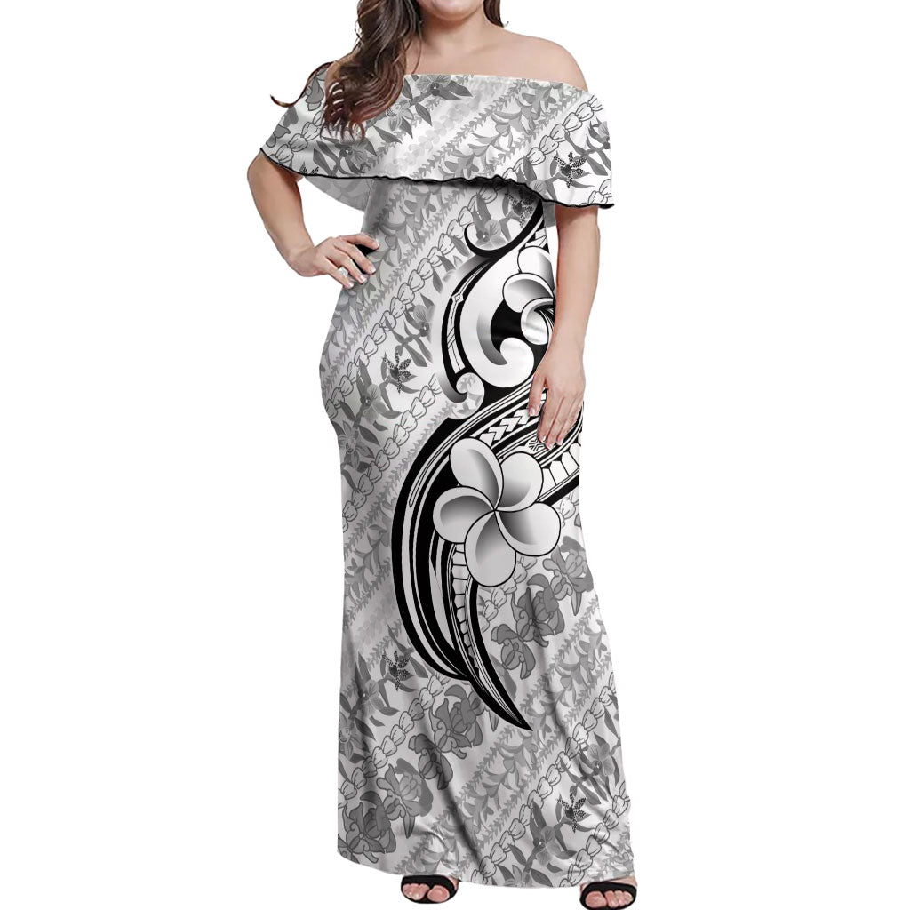Hawaii Plumeria Lokelani Pikake Lei Off Shoulder Maxi Dress Ele'ele Polynesian Tattoo