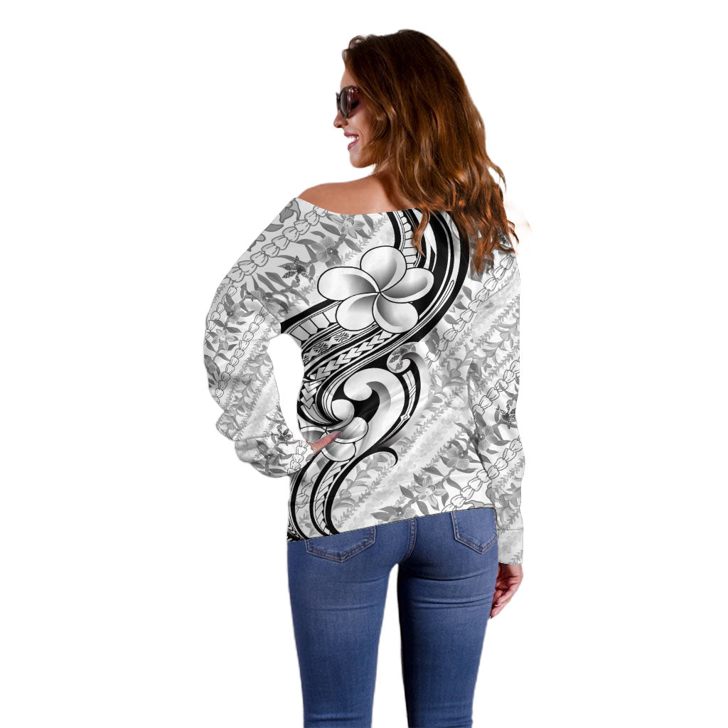 Hawaii Plumeria Lokelani Pikake Lei Off Shoulder Sweater Ele'ele Polynesian Tattoo