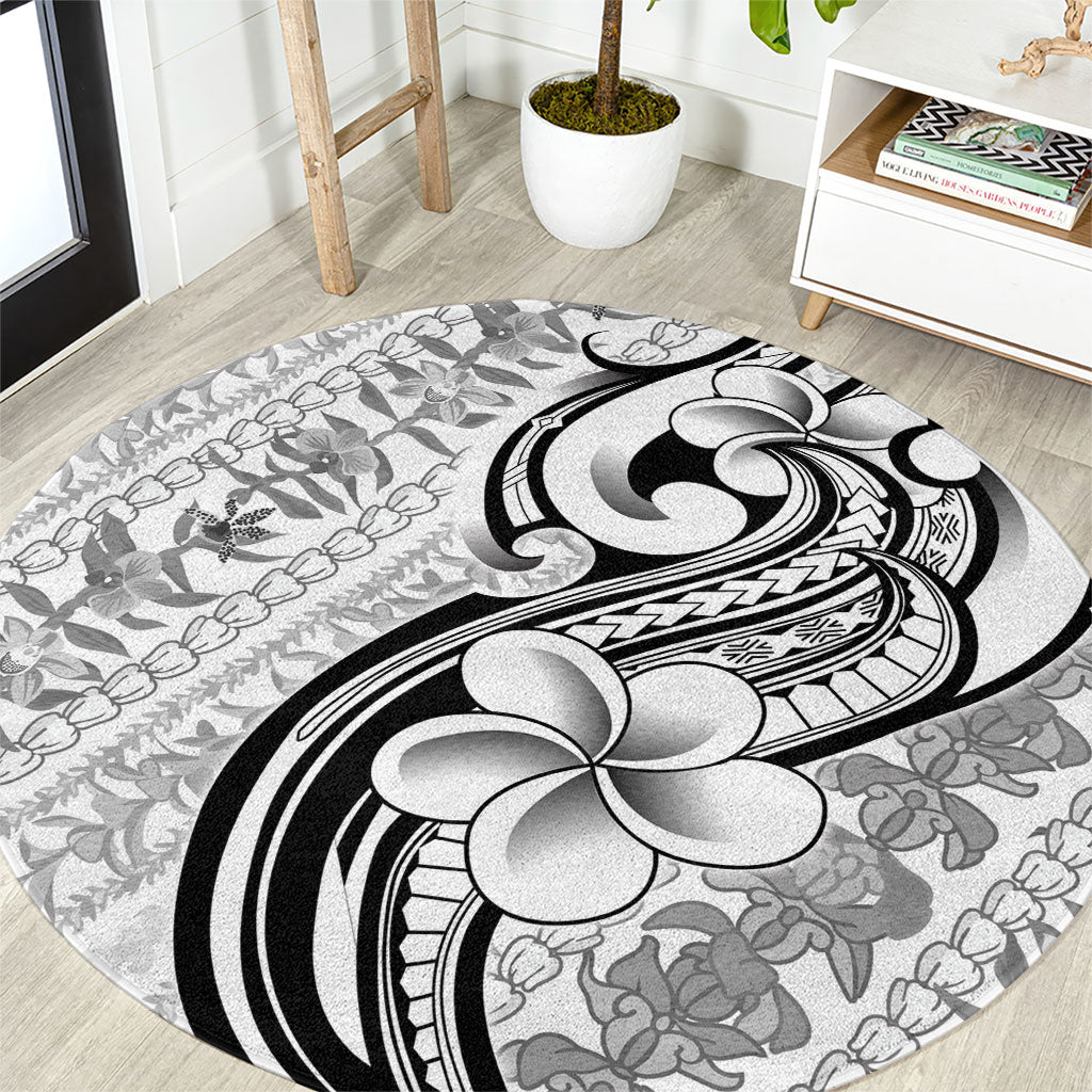 Hawaii Plumeria Lokelani Pikake Lei Round Carpet Ele'ele Polynesian Tattoo LT9 Black - Polynesian Pride