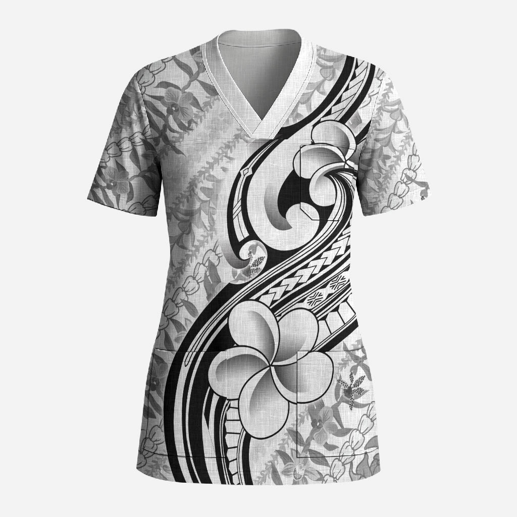 Hawaii Plumeria Lokelani Pikake Lei Scrub Top Ele'ele Polynesian Tattoo LT9 Adult Black - Polynesian Pride