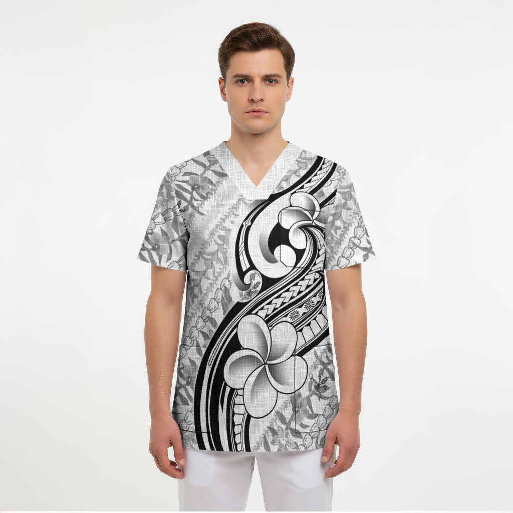 Hawaii Plumeria Lokelani Pikake Lei Scrub Top Ele'ele Polynesian Tattoo
