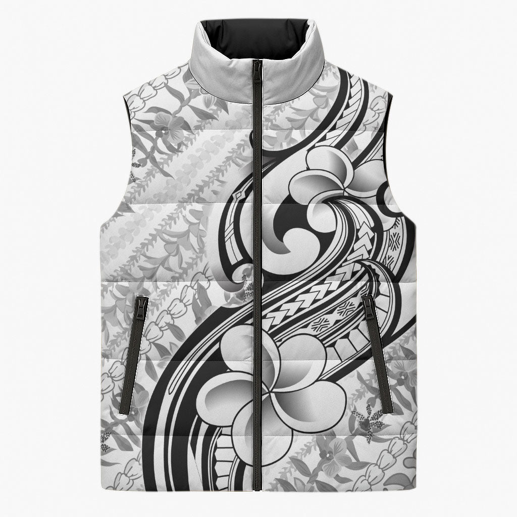 Hawaii Plumeria Lokelani Pikake Lei Sleeveless Puffer Jacket Ele'ele Polynesian Tattoo