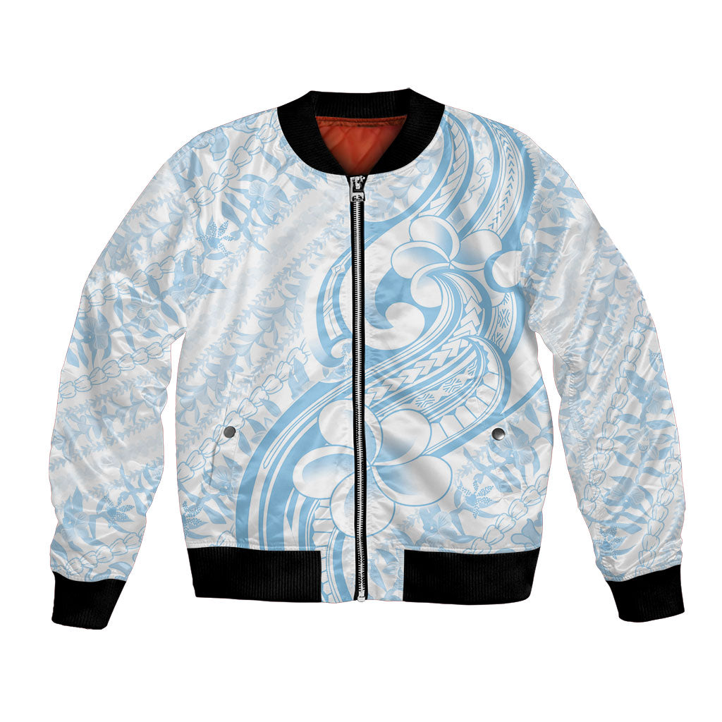 Hawaii Plumeria Lokelani Pikake Lei Bomber Jacket Uliuli Polynesian Tattoo LT9 Unisex Blue - Polynesian Pride