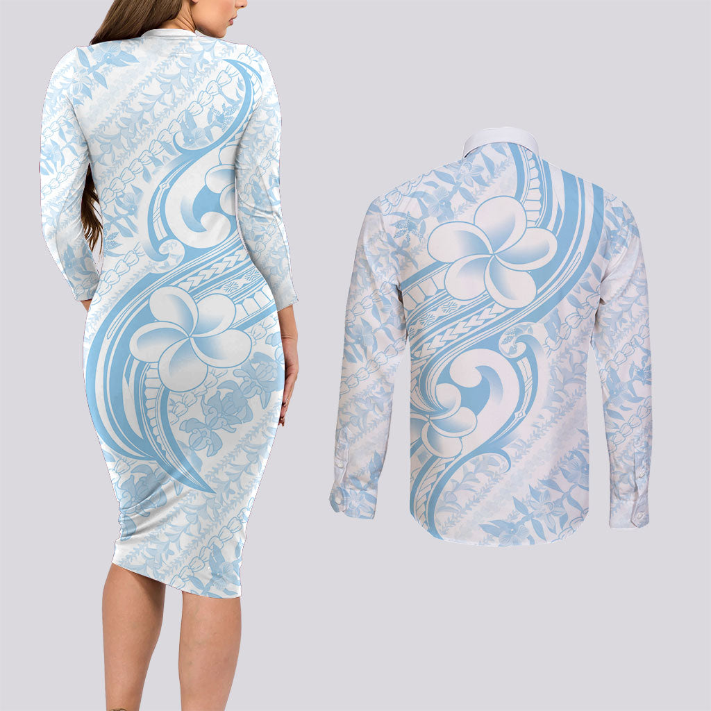 Hawaii Plumeria Lokelani Pikake Lei Couples Matching Long Sleeve Bodycon Dress and Long Sleeve Button Shirt Uliuli Polynesian Tattoo