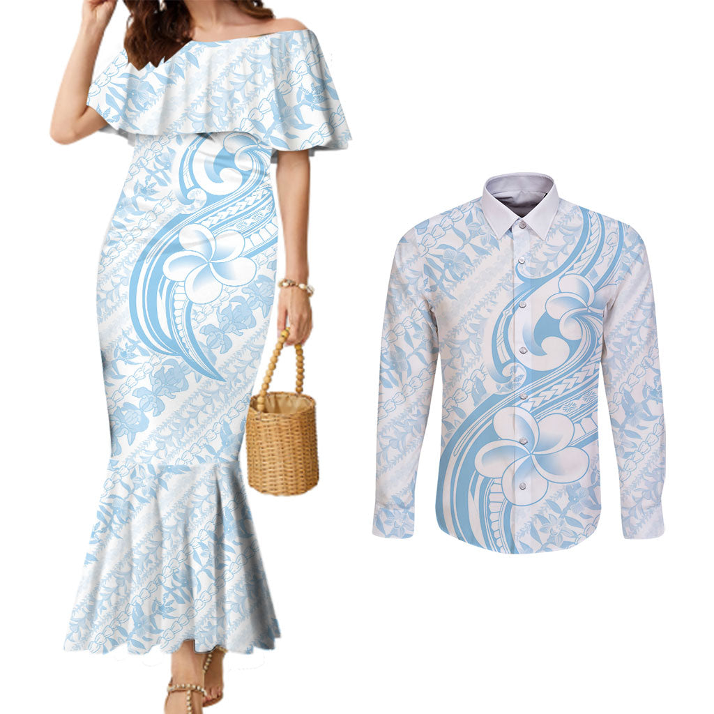 Hawaii Plumeria Lokelani Pikake Lei Couples Matching Mermaid Dress and Long Sleeve Button Shirt Uliuli Polynesian Tattoo