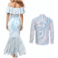 Hawaii Plumeria Lokelani Pikake Lei Couples Matching Mermaid Dress and Long Sleeve Button Shirt Uliuli Polynesian Tattoo