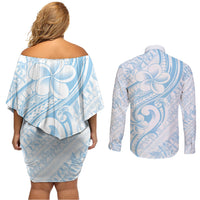 Hawaii Plumeria Lokelani Pikake Lei Couples Matching Off Shoulder Short Dress and Long Sleeve Button Shirt Uliuli Polynesian Tattoo