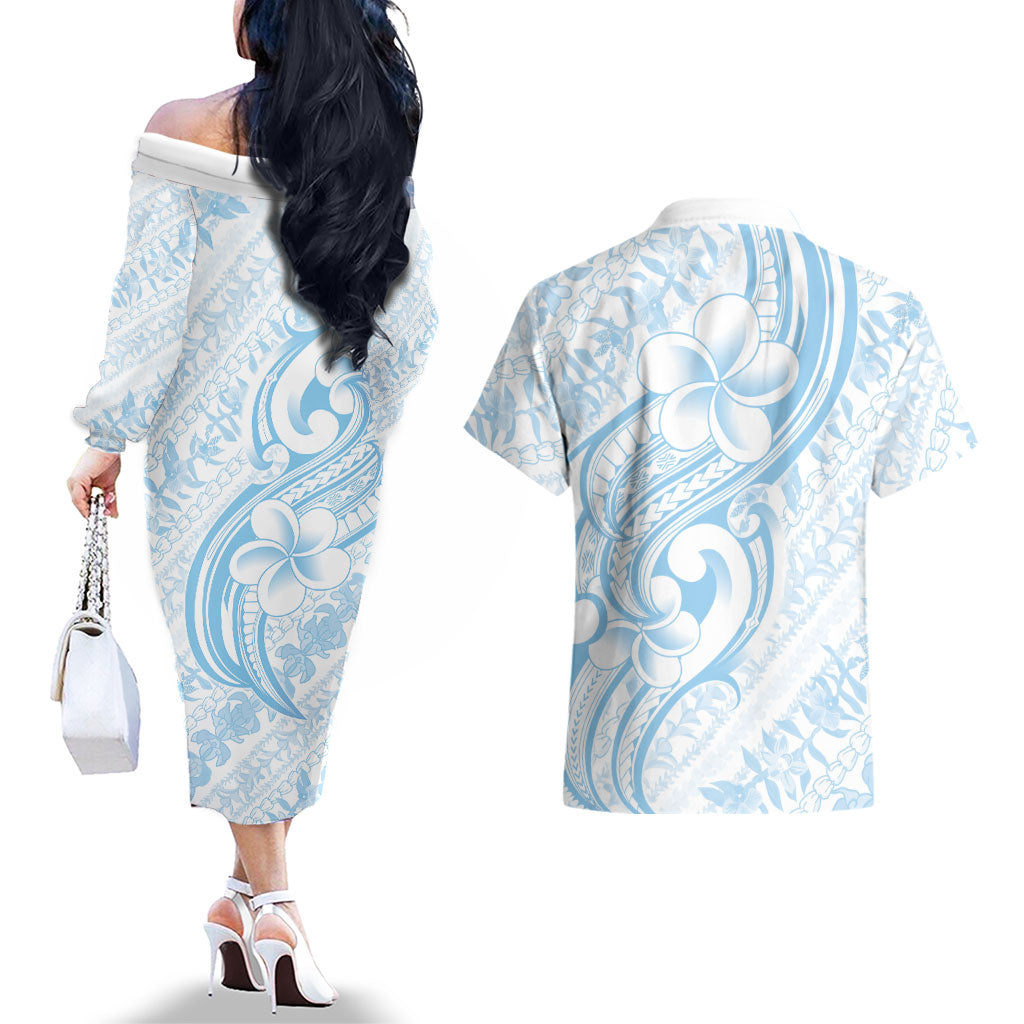 Hawaii Plumeria Lokelani Pikake Lei Couples Matching Off The Shoulder Long Sleeve Dress and Hawaiian Shirt Uliuli Polynesian Tattoo