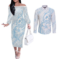 Hawaii Plumeria Lokelani Pikake Lei Couples Matching Off The Shoulder Long Sleeve Dress and Long Sleeve Button Shirt Uliuli Polynesian Tattoo