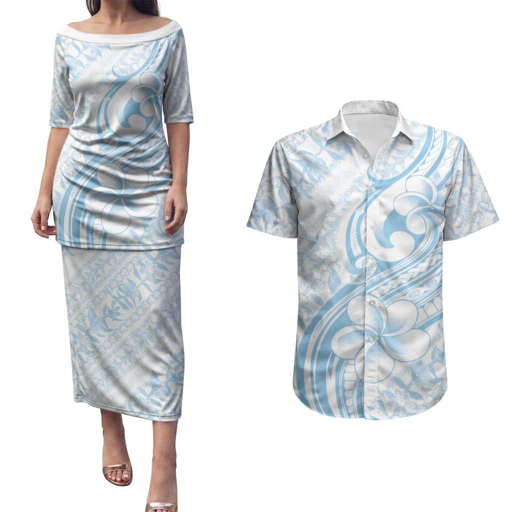 Hawaii Plumeria Lokelani Pikake Lei Couples Matching Puletasi and Hawaiian Shirt Uliuli Polynesian Tattoo LT9 Blue - Polynesian Pride