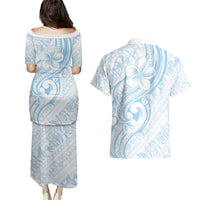 Hawaii Plumeria Lokelani Pikake Lei Couples Matching Puletasi and Hawaiian Shirt Uliuli Polynesian Tattoo