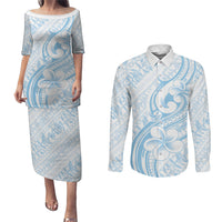 Hawaii Plumeria Lokelani Pikake Lei Couples Matching Puletasi and Long Sleeve Button Shirt Uliuli Polynesian Tattoo