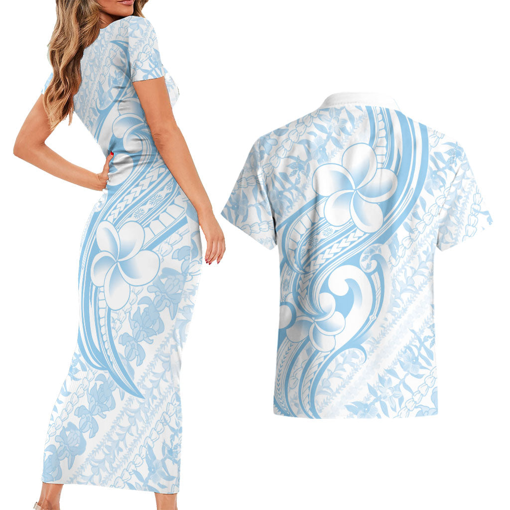 Hawaii Plumeria Lokelani Pikake Lei Couples Matching Short Sleeve Bodycon Dress and Hawaiian Shirt Uliuli Polynesian Tattoo
