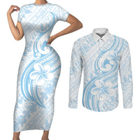 Hawaii Plumeria Lokelani Pikake Lei Couples Matching Short Sleeve Bodycon Dress and Long Sleeve Button Shirt Uliuli Polynesian Tattoo
