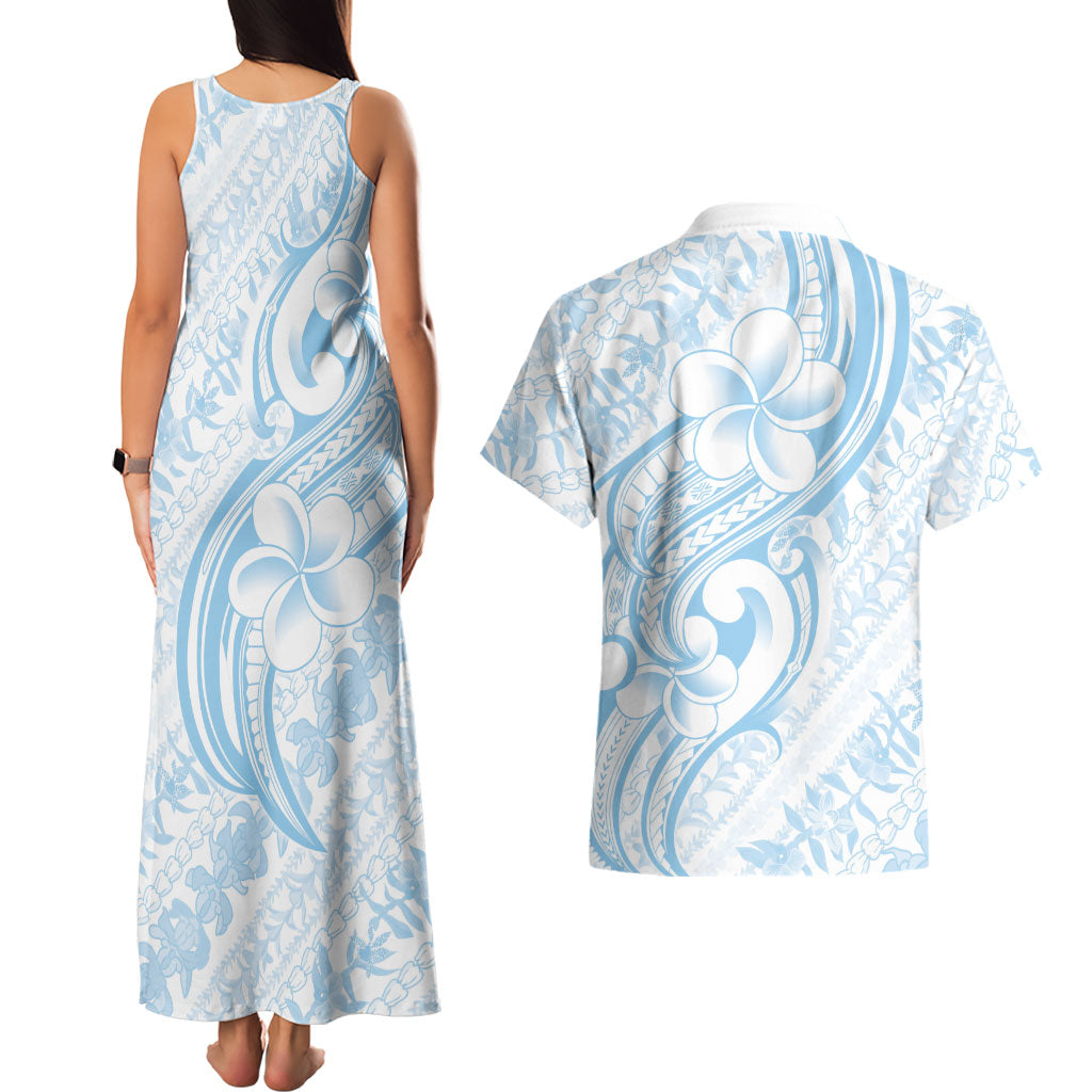 Hawaii Plumeria Lokelani Pikake Lei Couples Matching Tank Maxi Dress and Hawaiian Shirt Uliuli Polynesian Tattoo